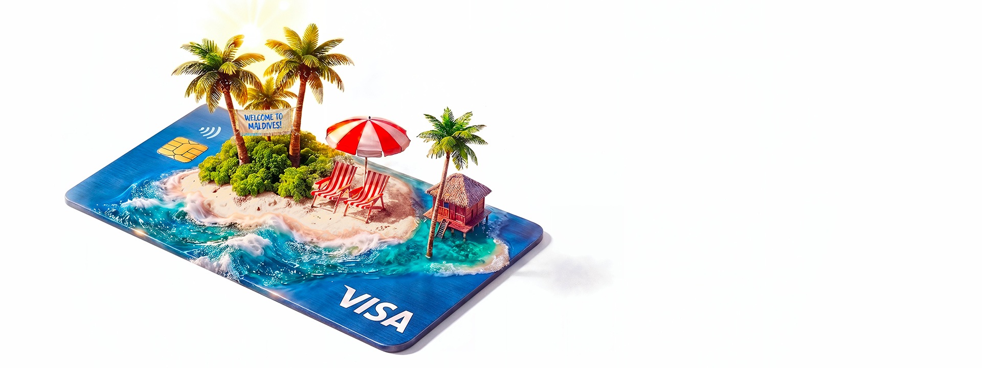 Tropical island scene on a VISA card with palm trees, a beach umbrella and lounge chairs