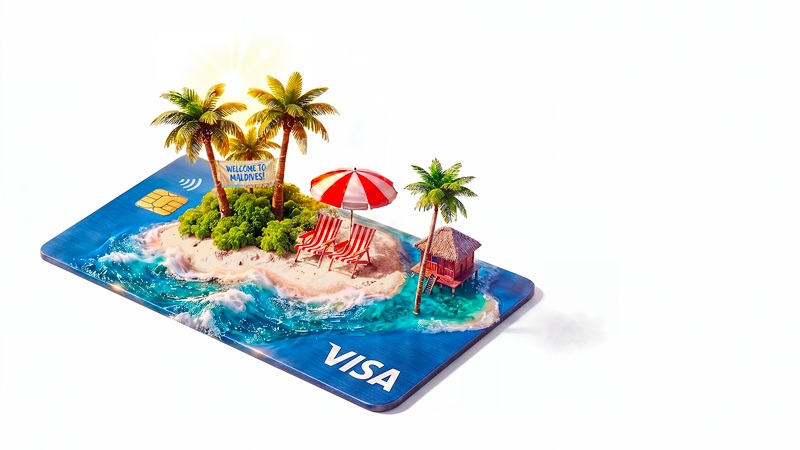 Tropical island scene on a VISA card with palm trees, a beach umbrella and lounge chairs